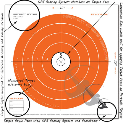 Perfect Strike Archery Paper Targets. Single Spot Bullseye Design. (12" x 12"). PSA-OO-SYS-009. (12 Targets)