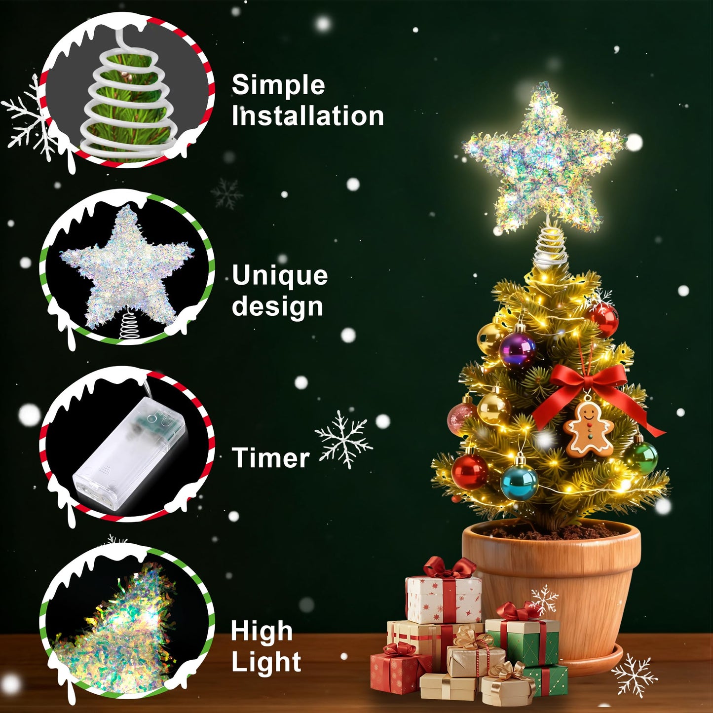 LAWOHO Christmas Tree Topper Star, Exquisite Christmas Decor, Mini Shiny Iridescent 6 Inch Christmas Tree Decoration with 6H Timer, 10 Warm Lights for Xmas Tree, Holiday & Party, Indoor Home