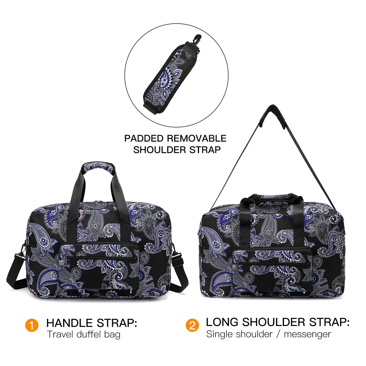 F.FETIVIN Weekender Bag Carry On Travel Duffle Bag Medium Overnight Bag for Women(Black Paisley)