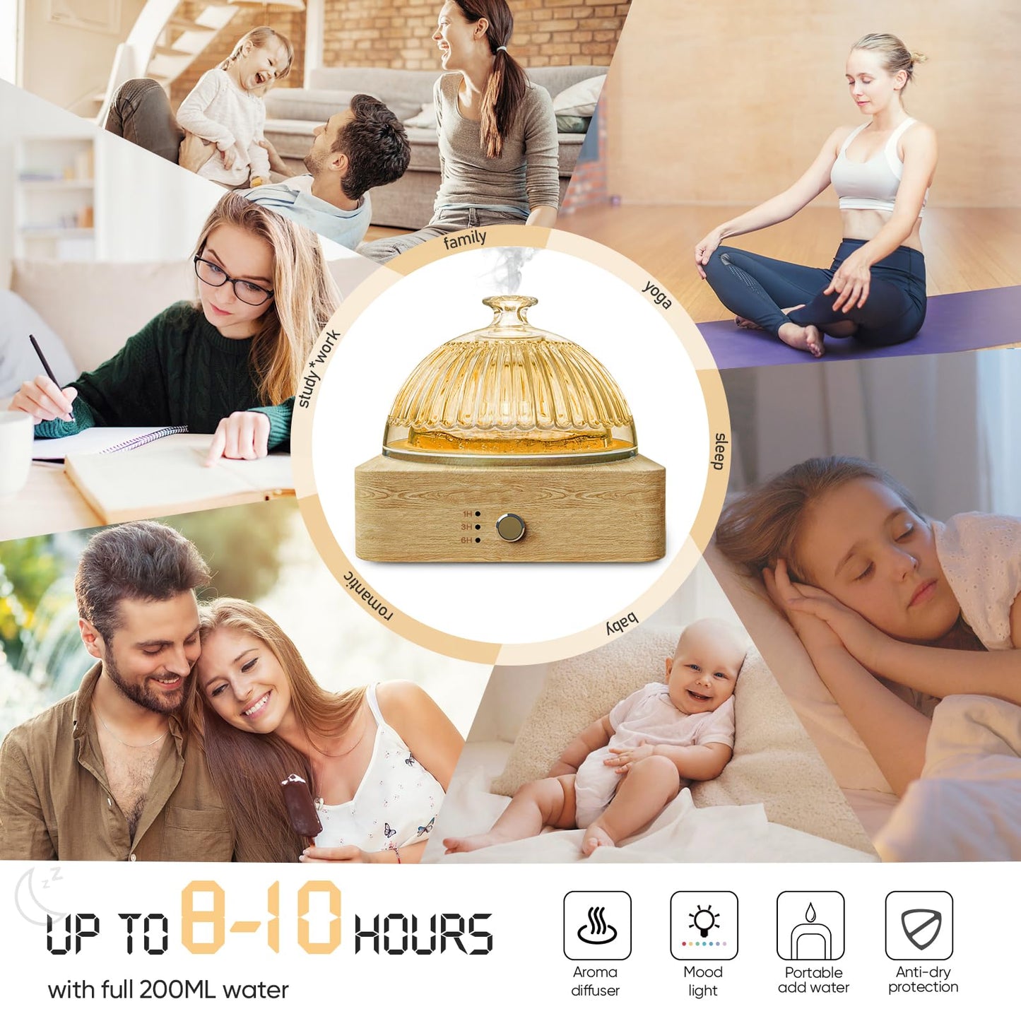 Glass Dome Essential Oil Diffuser with Glass Reservoir & Wood Base-No Plastic, 200ml Ultrasonic Diffuser for Aromatherapy with Timer 7 Color Light Auto-Off for Home Office Yoga Pilates