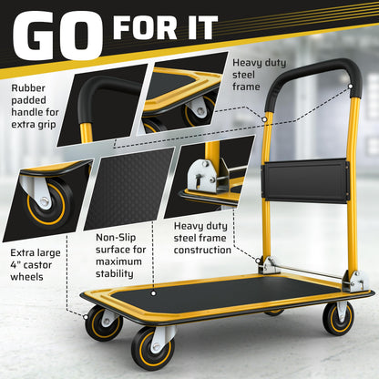 Heavy Duty Foldable Push Cart Dolly | 330 lbs. Capacity | Upgraded Collapsible Hand Truck Folding Platform with Swivel Wheels | Flat Bed Moving Wagon | Space Saving Push Handle (Yellow)