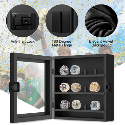 Championship Ring Display Case, 12 Ring Posts Baseball Ring Holder, Wall Mount Wooden Shadow Box for Multiple Championship Rings