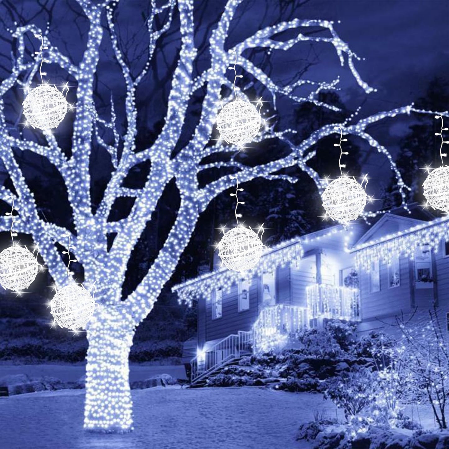 Baung Christmas String Lights Outdoors,4 Pack 7.98" Sphere Ball Tree Garden Globe Lights for Home, Party, Christmas, Porch Patio,Wedding, Garden,Tree Decoration with Memory Function Plug