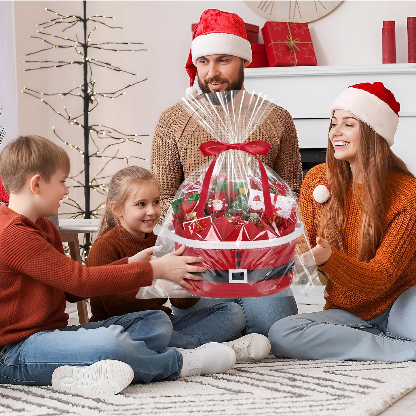 Zopeal Christmas Woven Basket with Gift Bag, Ribbon and Red Tissue Paper Santa Woven Bin Empty Shelf Basket Holiday Decorative for Xmas Gifts, 12 x 8 x 5 inch