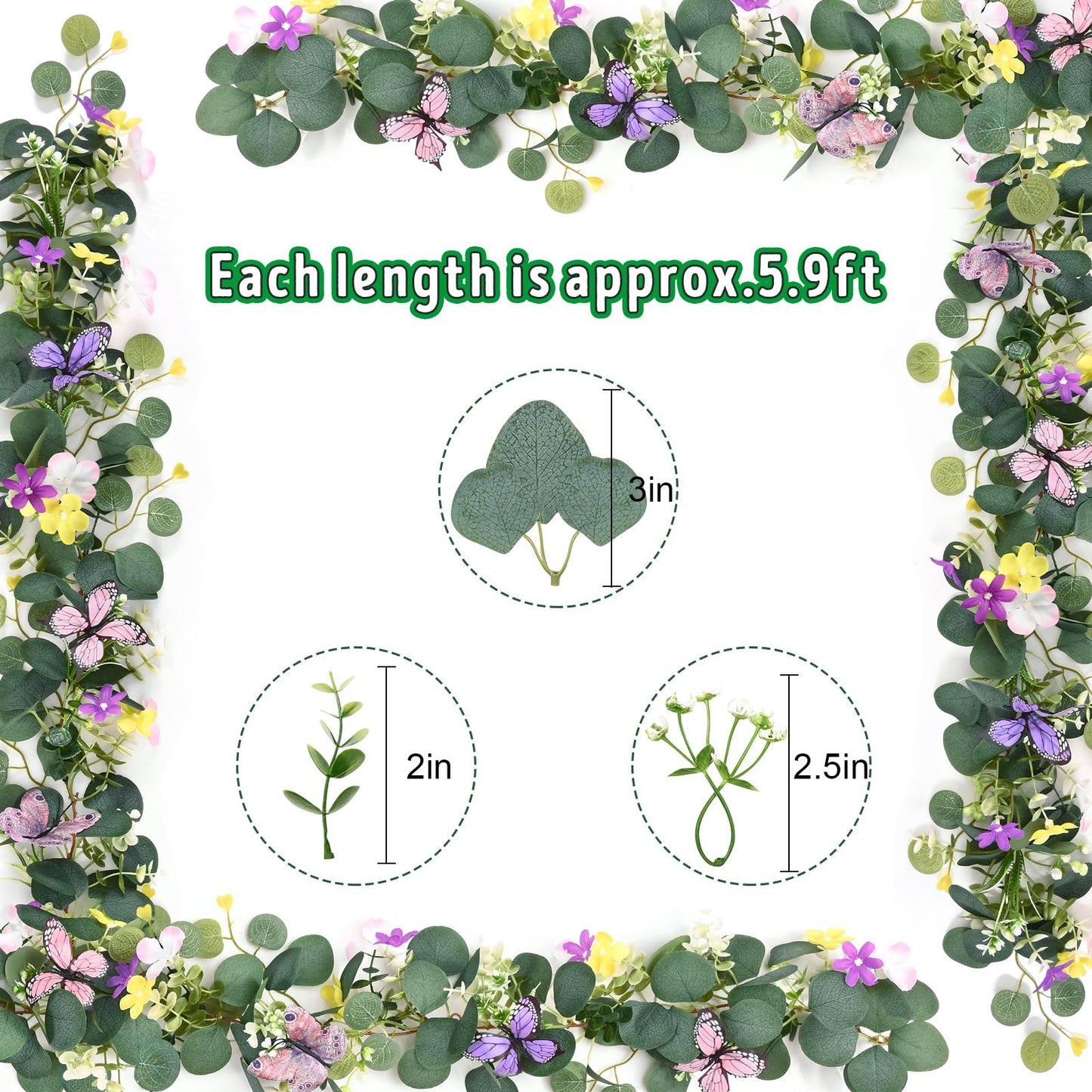Waipfaru 2Pcs Eucalyptus Garland with Daisy 3D Butterfly, Green Garland with Flowers, 5.9FT Artificial Faux Eucalyptus Leaves Vines for Table Mantle Home Wedding Party Indoor Outdoor Decor