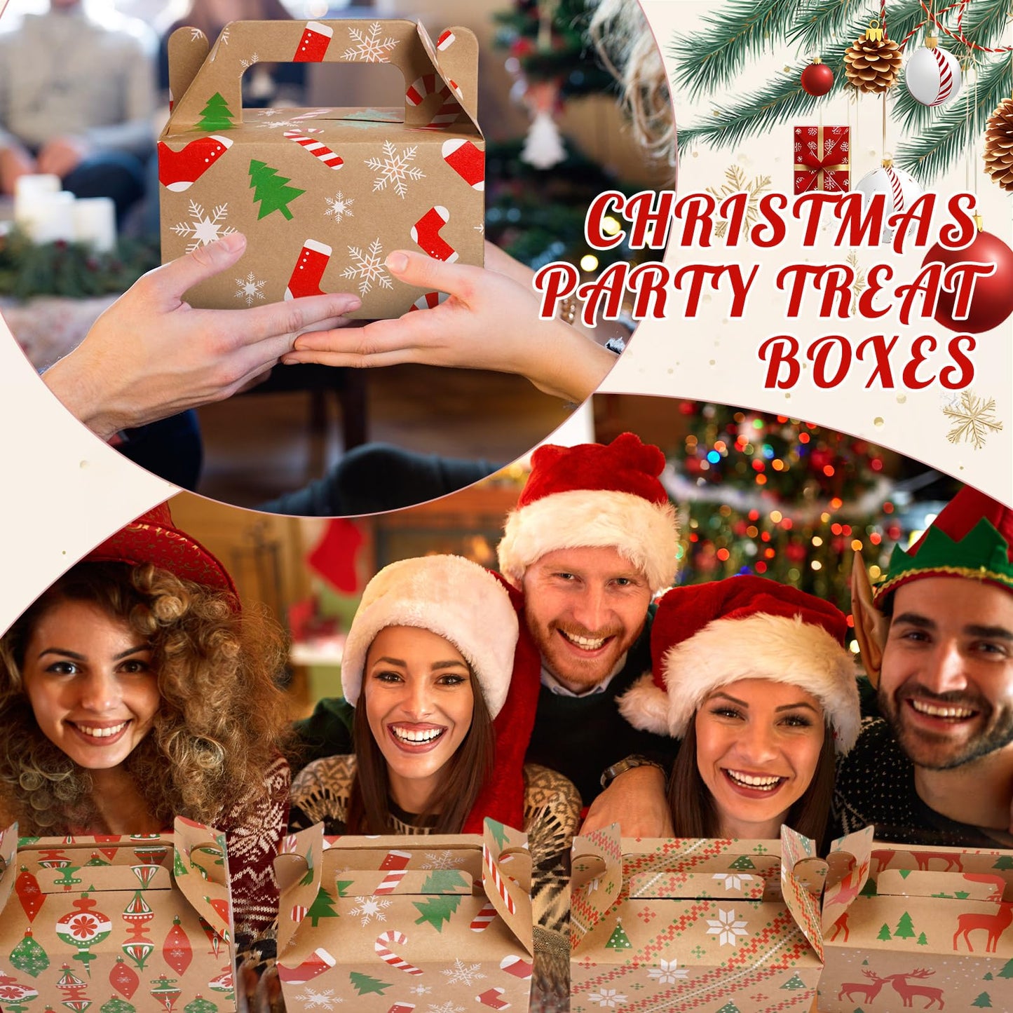 Fuyoooo 36 Pcs Christmas Gift Treat Boxes Xmas Kraft Boxes Holiday Cookies Goodie Candy Box with Handles Red Green Paper Container for Xmas Birthday Party Supplies