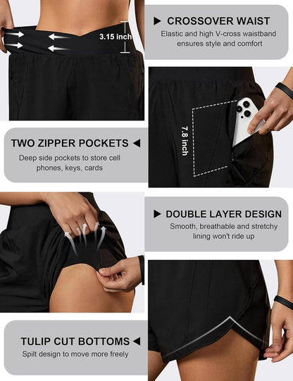 Women's High Waisted Crossover Workout Shorts - Athletic Running Shorts with Zipper Pockets | Comfortable & Stylish