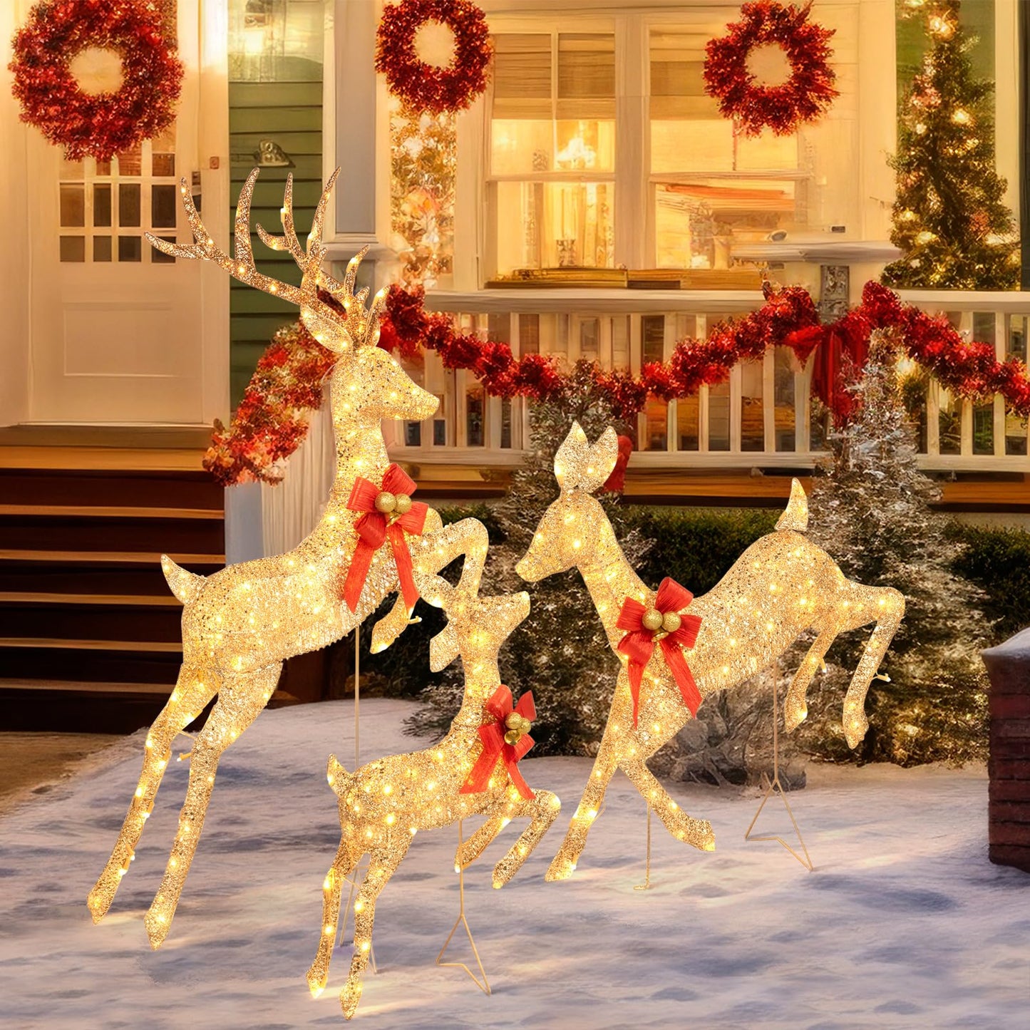 LOENIY 3-Piece Lighted Reindeer Christmas Decoration with 210 Warm White LED Lights, 5FT 3D Glittered Christmas Deer Family Set Outdoor Decorations, Plug in Deer Decor for Lawn Yard Patio Garden