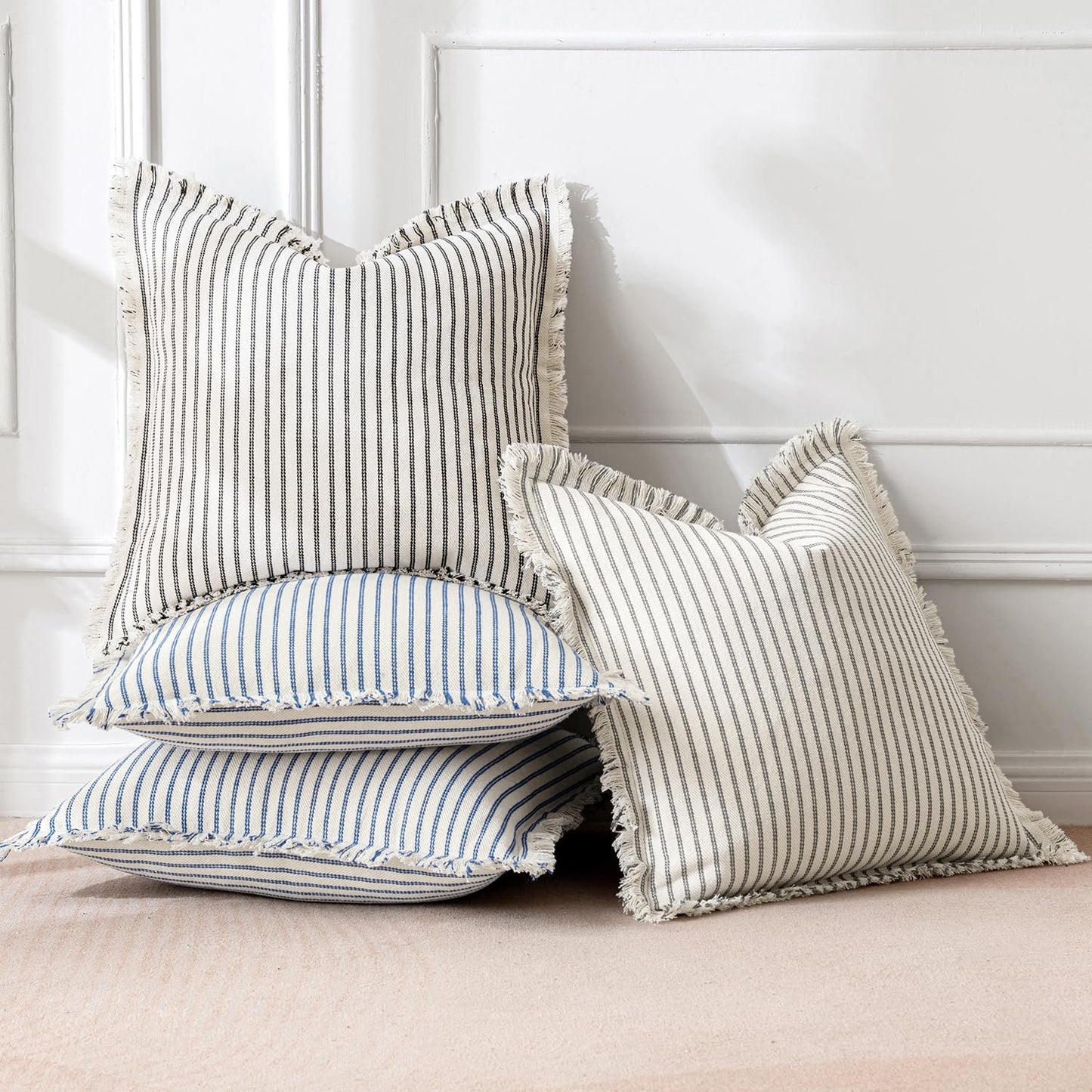 MIULEE Black Pack of 2 Pillow Covers 18x18 Inch Striped Farmhouse Couch Throw Pillow Covers with Fringe Chic Linen Decorative Cushion Covers for Sofa Living Room Bed Outdoor Home Decor