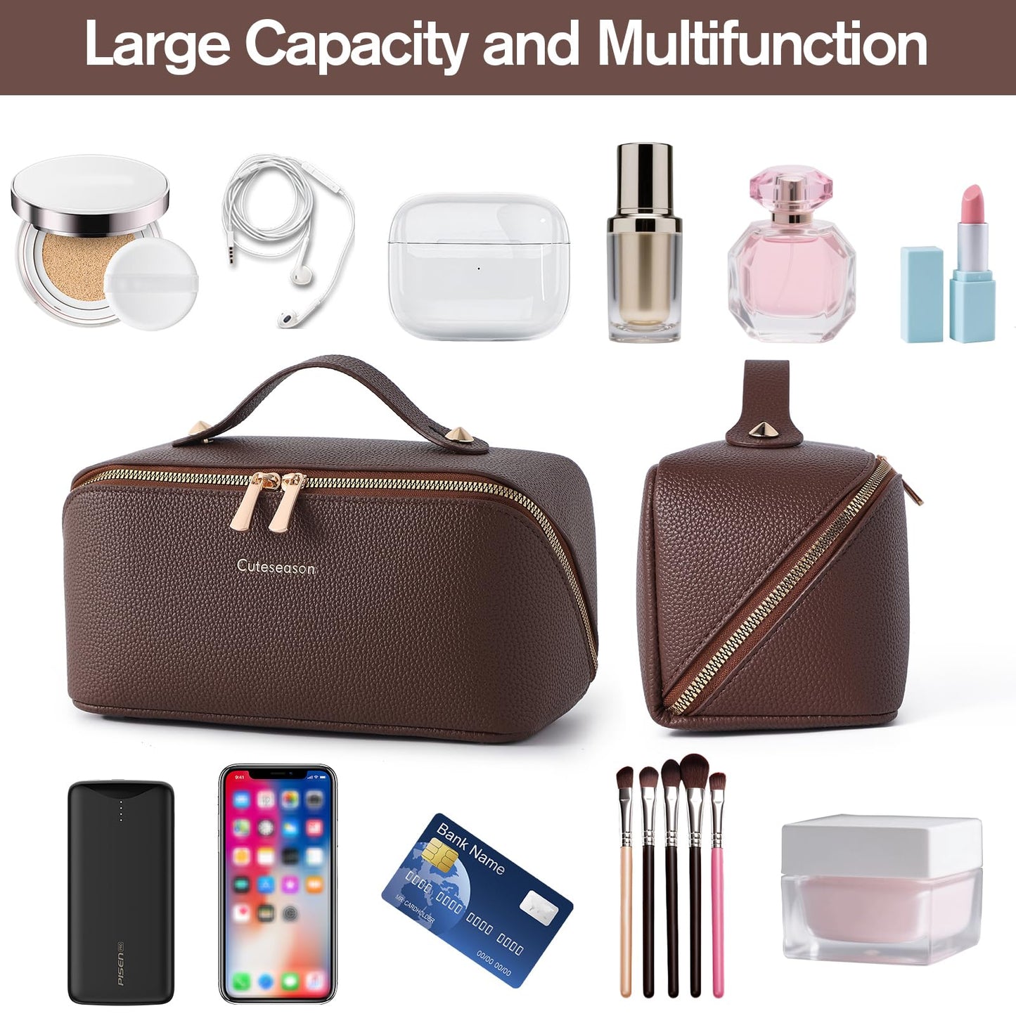 Cuteseason PU Leather Makeup Bag for Women, Structured Makeup Case with Wide Opening, Travel Cosmetic Bag with Compartments and Handle, Water-Resistant Makeup Organizer(Khaki, Lychee Grain)