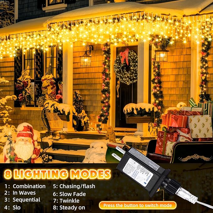 66 Ft 640 LED Christmas Icicle Lights Extra Long 8 Modes Waterproof Icicle String Light with 120 Drops, Fairy Hanging Lights Decor with Remote for Xmas Wedding Indoor Outdoor Warm White