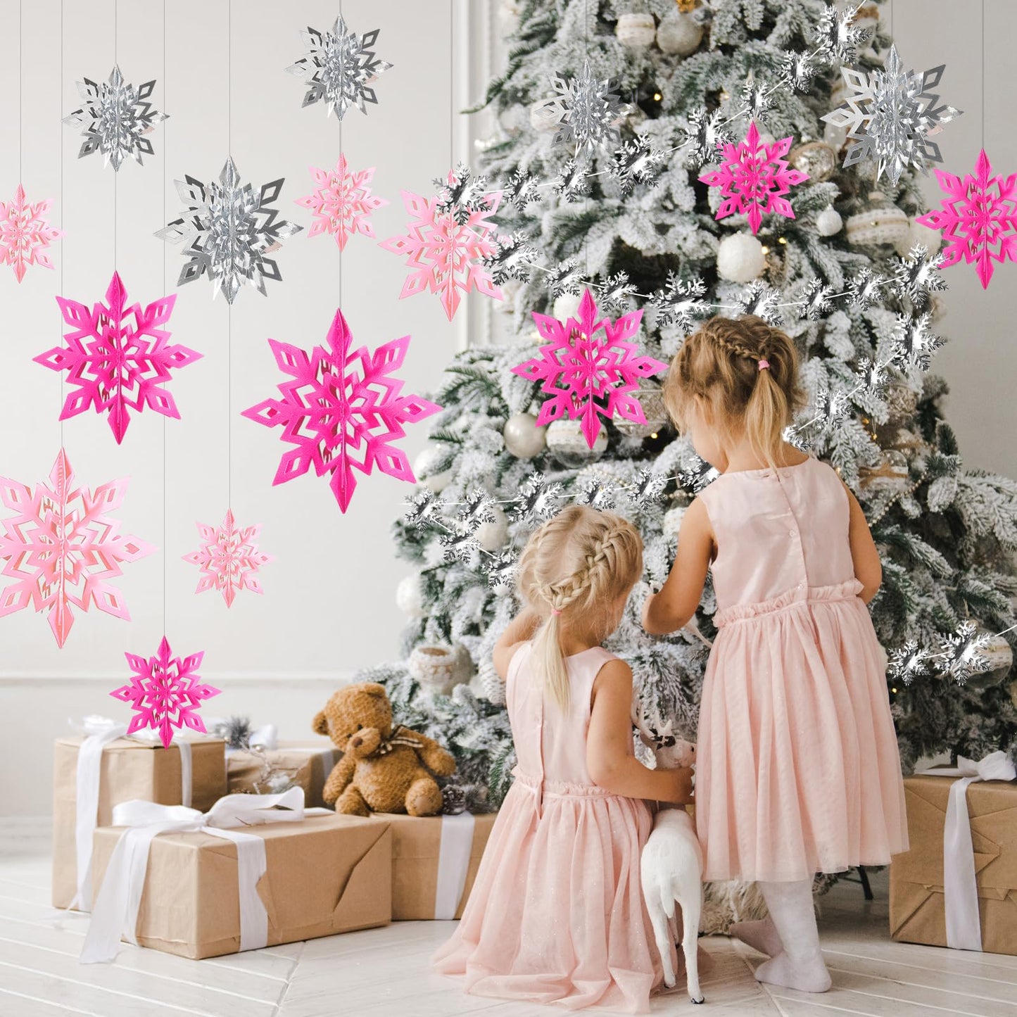 Whaline 30Pcs Christmas Hanging Decorations Large 3D Pink Silver Snowflake Paper Pendant Ornament with String Silver Snowflake Garland for Xmas Winter Wonderland Party Home Ceiling