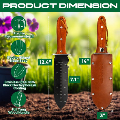 EZUVITA Hori Hori Garden Knife, Gardening Tools with Leather Sheath for Weeding, Gardening, Digging, 7” Stainless Steel Blade with Black Electrophoresis Coating, Double Cutting Edge, Full Tang Wood Handle with Hanging Hole, Fathers Day Gift