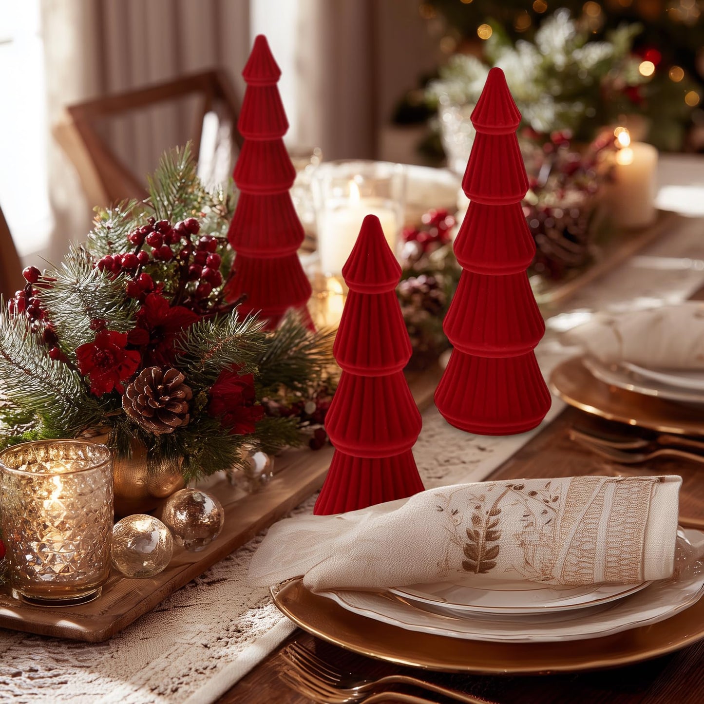 Fivebop Wooden Christmas Tree Figurine, 3 Pcs Tabletop Xmas Tree, Christmas Centerpiece Decor for Home Entryway Mantel Shelf Table Fireplace Holiday (Red-Wood & Velvet)