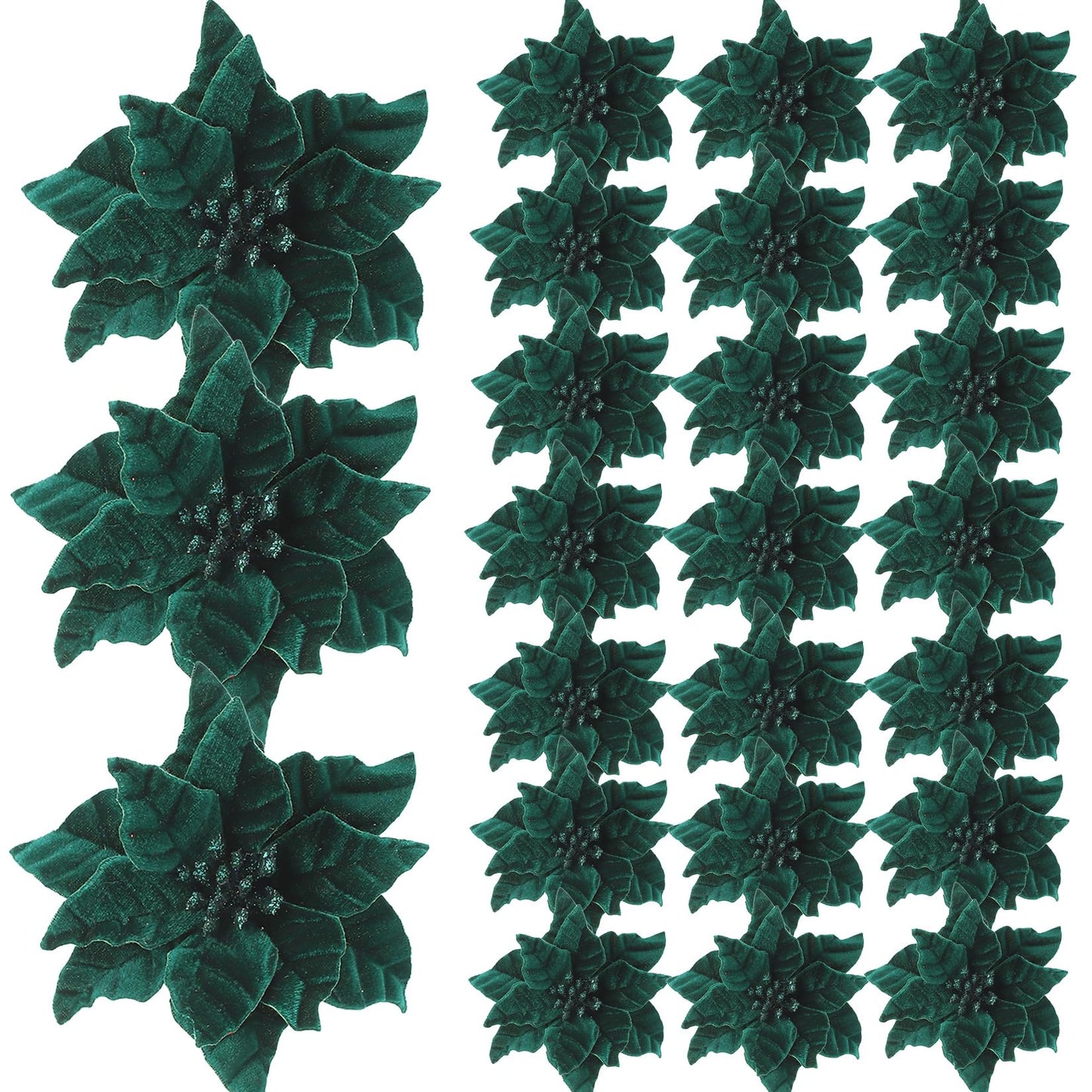 Garvee 24 Pcs Poinsettia Flowers Artificial, 6.3 in Large Velvet Christmas Flowers with Stems, Floral Picks for Christmas Tree Wreath Garland Ornaments Wedding Decor, Dark Green