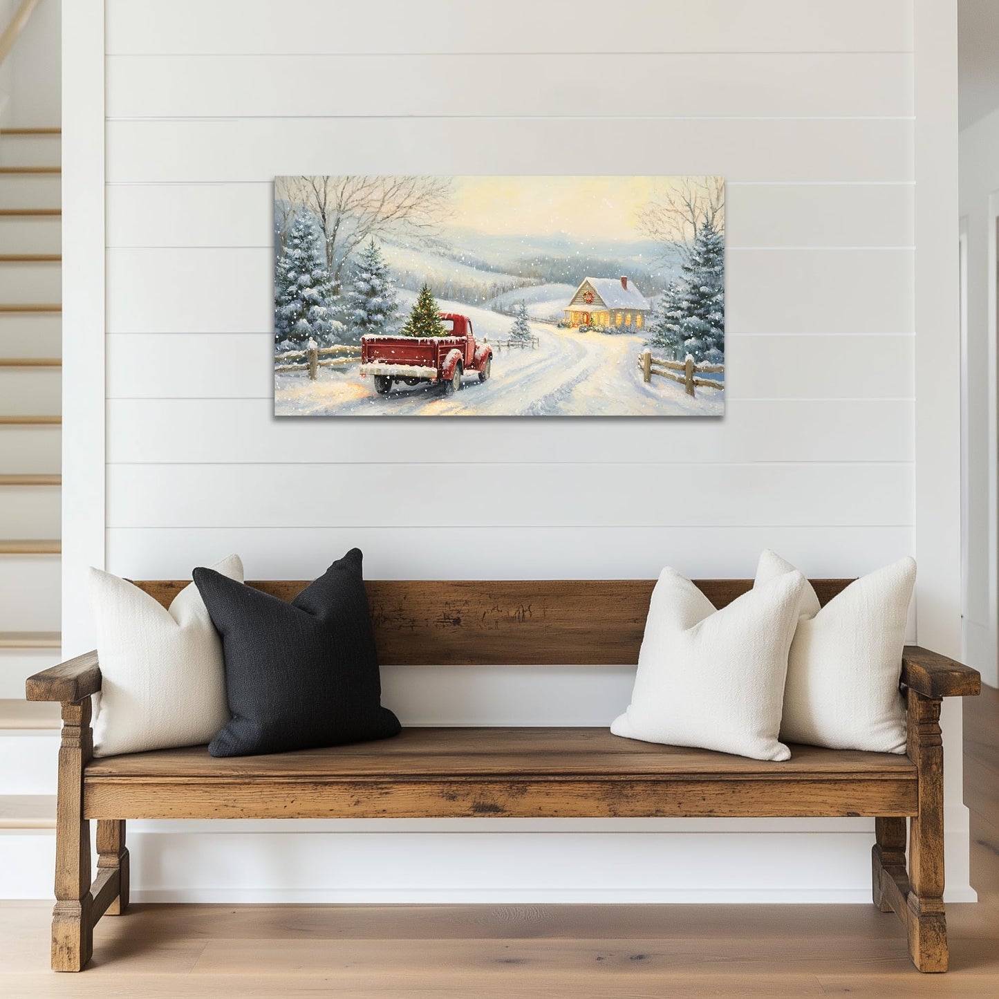 GUTTATY Christmas Canvas Wall Art, Santa Red Truck Winter Snow Scene Canvas Painting, Christmas Wall Decor Artwork, Christmas Hanging Prints Poster for Living Room, Family Home, Indoor, 32x16 Inch