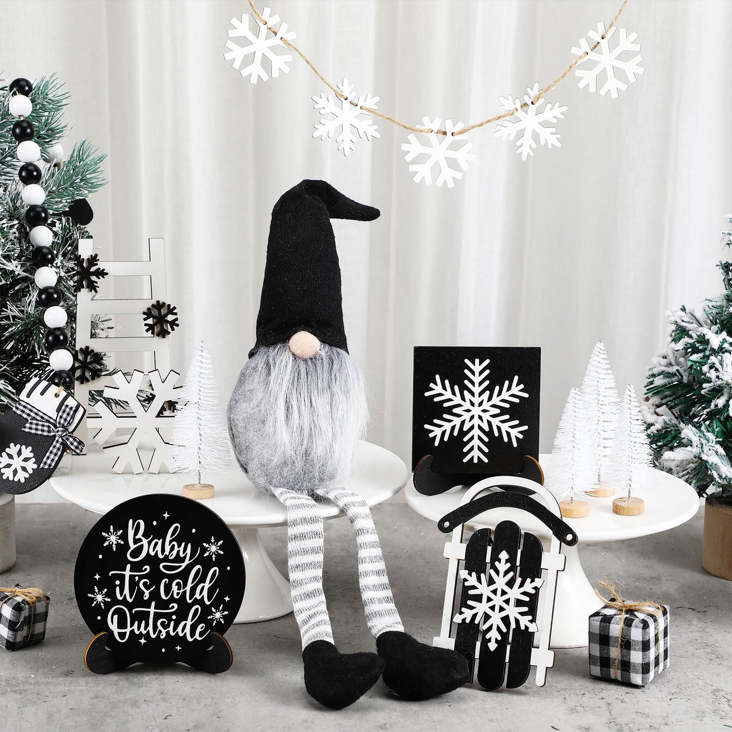 GlikCeil 19 Pcs Winter Tiered Tray Decor Snowflakes Wood Rustic Decoration Tiered Sign Table Centerpieces Without Tray for Tabletop Shelf Winter Xmas Home Party Gifts(Gnome)