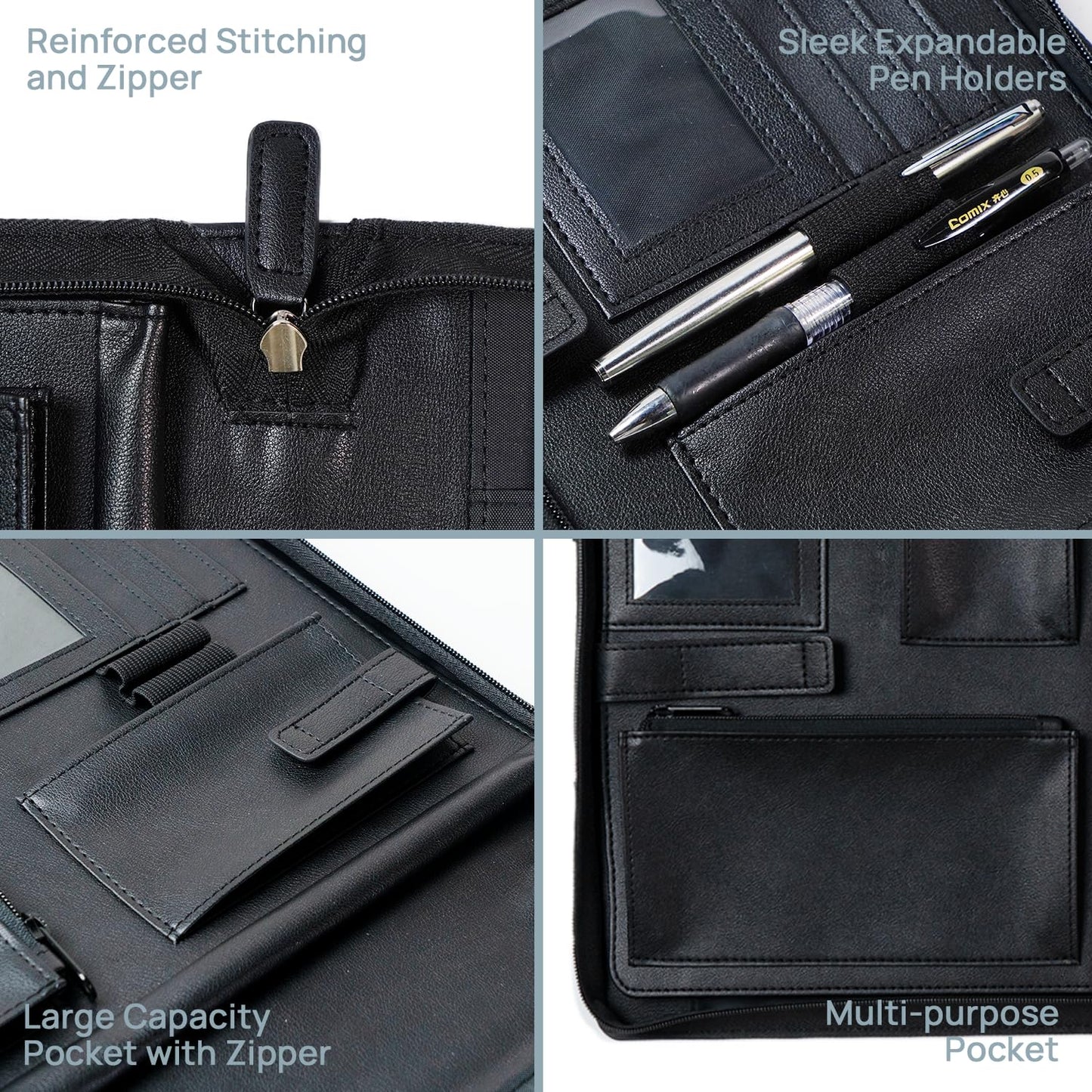 POPRUN Portfolio with Zipper, PU Leather Padfolio Document Organizer with Storage, Professional Business Folder for Meeting Presentation, Includes 50 Sheet Writing Pad, Black