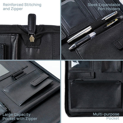 POPRUN Portfolio with Zipper, PU Leather Padfolio Document Organizer with Storage, Professional Business Folder for Meeting Presentation, Includes 50 Sheet Writing Pad, Black