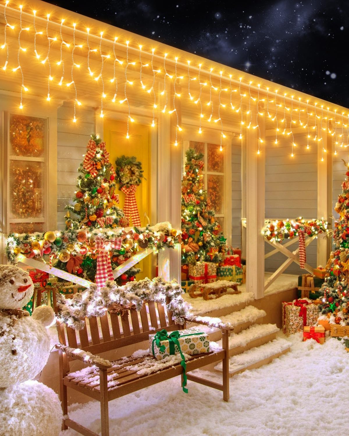 Christmas Lights Outdoor, 53 FT 486 LED Christmas Light for Outside, Timer & Memory, Plug in 8 Modes Hanging Fairy Light with 108 Drops for House Eaves Yard Patio Holidays Decorations, Warm White