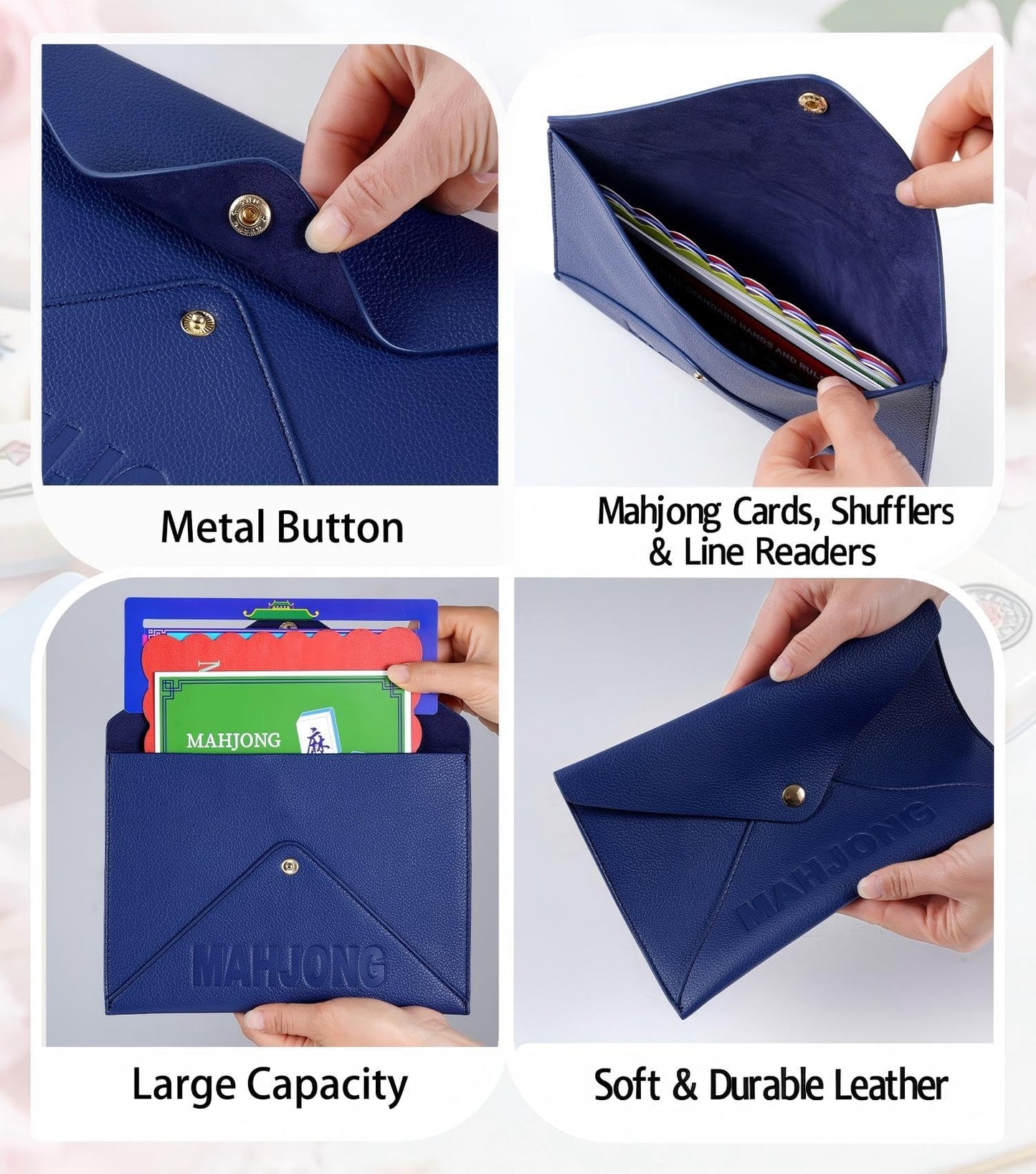 Vegan Leather Mahjong Card Sleeve Holder, Fits Most Mahjong Cards, Line Readers & Shuffler Cards, Gift Box Included, Perfect Mah jong Gift & Accessories for Men Women (Navy Blue, 8.6 * 6.3 in)