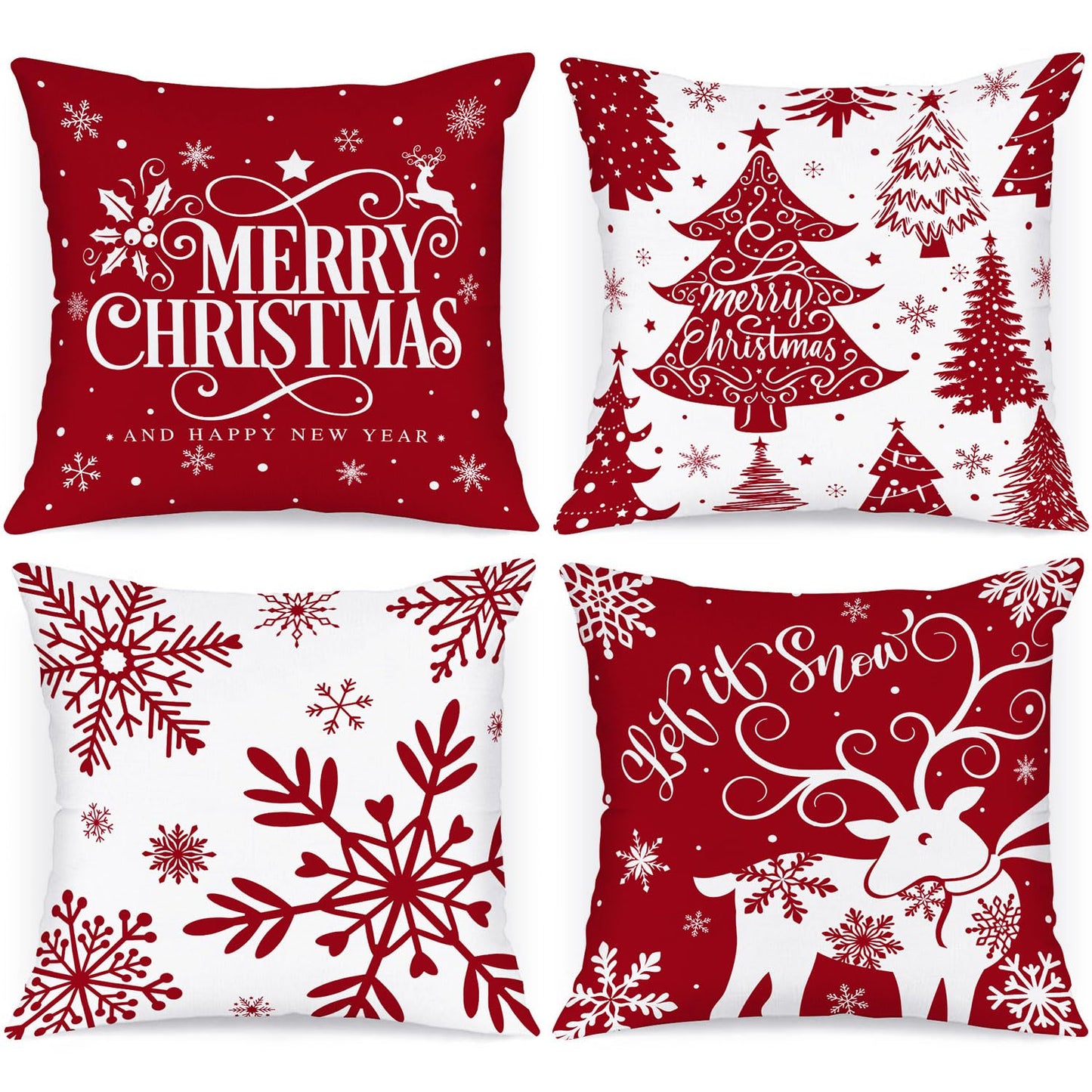 Lanpn White and Red 18x18 Christmas Pillow Covers Set of 4, Decorative 18 Inch Winter Snowflake Throw Pillow Case Xmas Cushion Cover for Indoor House Sofa Red