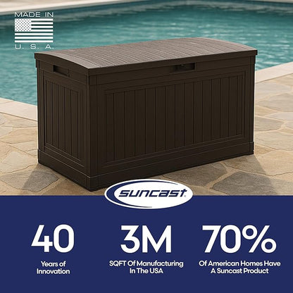 Suncast 80-Gal. Waterproof Resin Large Outdoor Patio Deck Box with Pad-Lockable Lid, Modern Outdoor Patio Bench/Storage Box for Cushions, Garden Tools, and More, Java