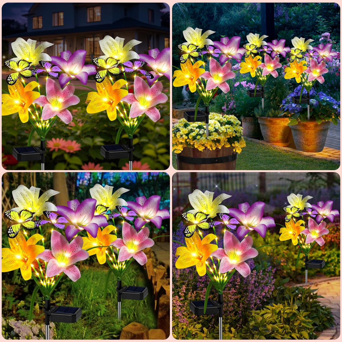 ostritec Solar Garden Lights Outdoor, 4 Pack Flower Lights for Outside, 16 Solar Lilies with Butterflies, Waterproof Garden Decor for Yard, Patio, Gifts for Women Mom (4 pcs Lilies)