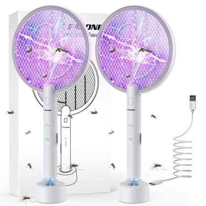 PALONE Electric Fly Swatter 3000V Bug Zapper Racket 2 in 1 Fly Swatter with 1200mAh Battery Rechargeable Mosquito Killer Lamp with 3 Layers Safety Mesh for Indoor and Outdoor (2 Pack)