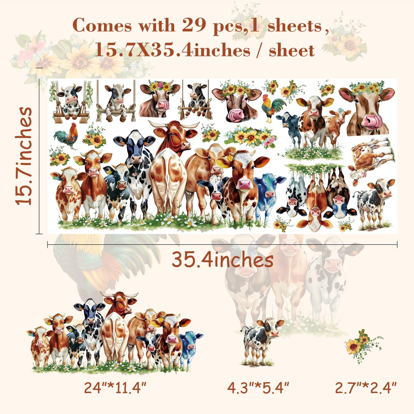 Funny Cow Wall Stickers Cute Cow Window Stickers Farm Animal Wall Decals Peel and Stick Sunflower Cattle Cow Print Window Decals Clings Farmhouse Wall Stickers for Kitchen Bedroom Decor