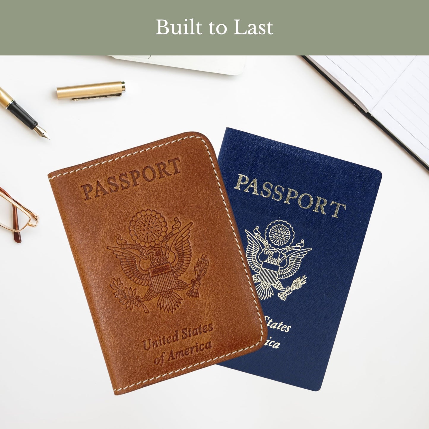 ZAHANAARA Passport Holder for Travel | Premium Leather Passport Cover & Protector | Stylish Travel Document Organizer with Embossed US Seal | Unisex Case with Slots for Cards & Boarding Passes - Brown