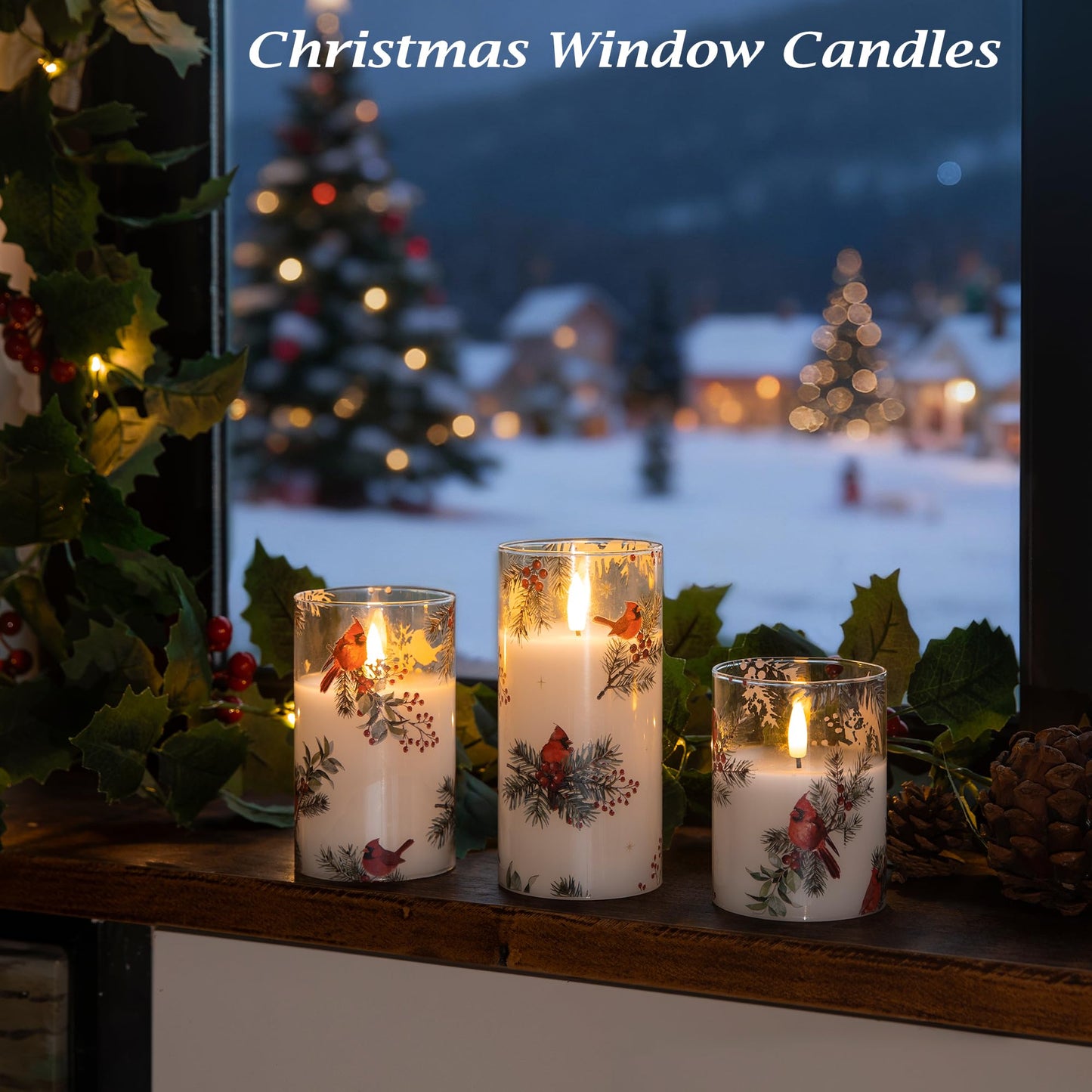 LUSHARBOR LUSHABOR Christmas Flameless Candles, 3 Pack Battery Operated Candles for Christmas Mantel Decor, Glass LED Flickering Candles Home Xmas Party Holiday D3 H4 5" 6", Bird