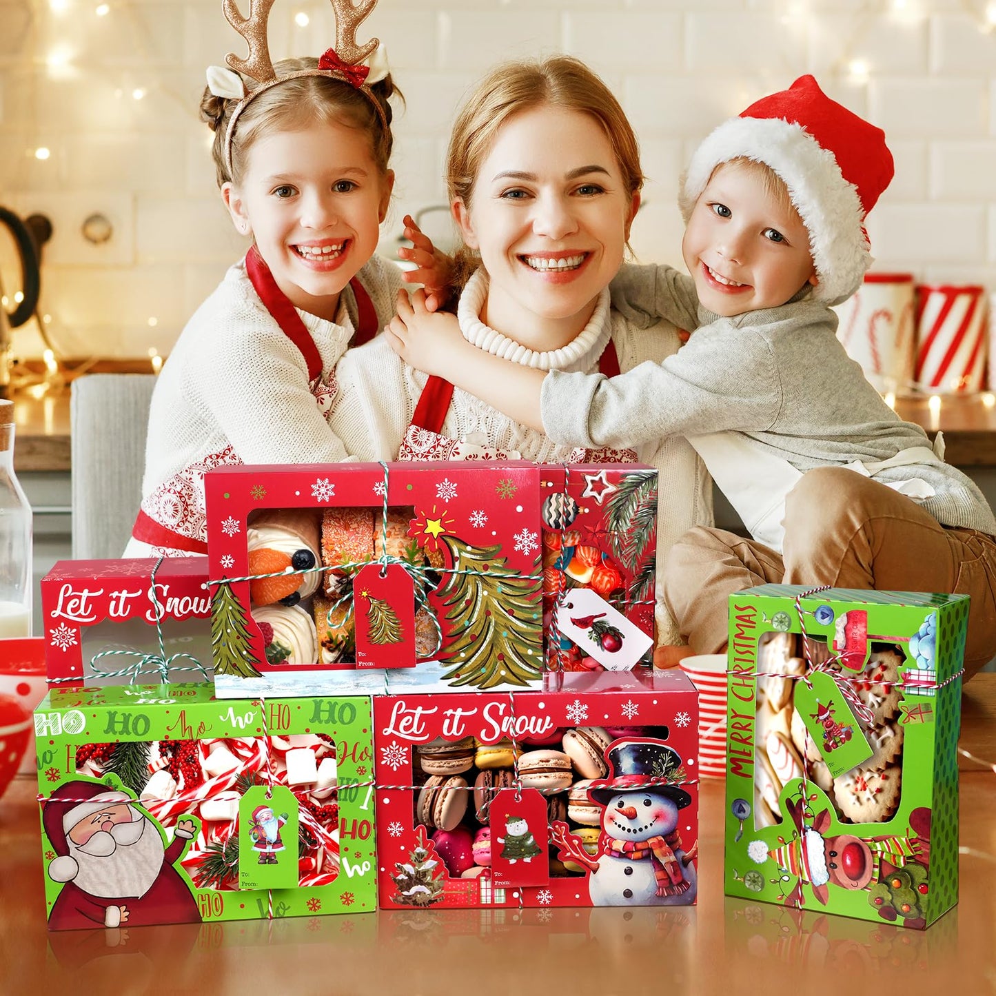 24 Pcs Christmas Cookie Boxes 8.7"x 6"x 2.7" Christmas Bakery Treat Box With Window Tag and Ribbons Goodie Candy Cookie Containers Kraft Paper Cookie Tins for Winter Holiday Xmas Party Gift Giving