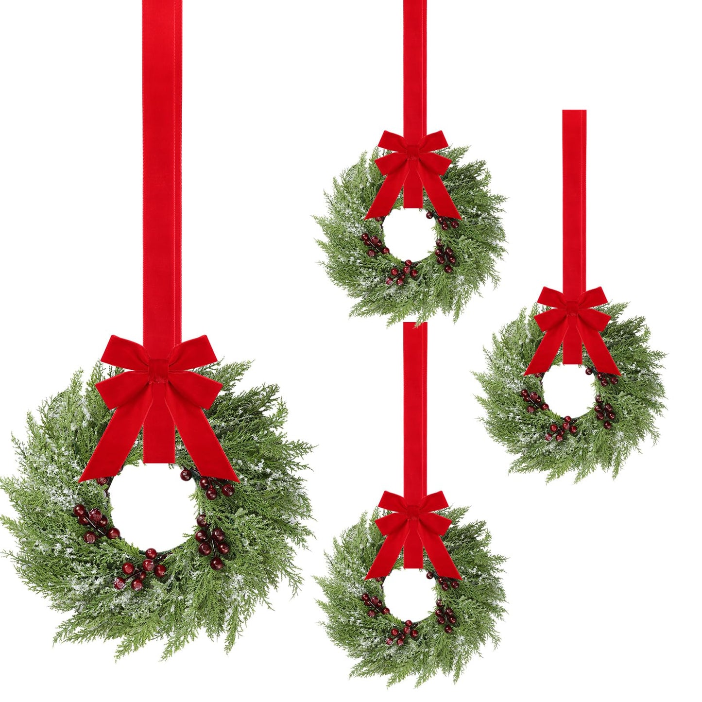4 Pcs Small Christmas Norfolk Wreaths 15 Inch Christmas Kitchen Cabinet Mini Wreath with Bow Ribbon Cedar Berry for Xmas Front Door Window Chair Fireplace Table Pillar Farmhouse