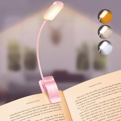 Gritin 9 LED Rechargeable Book Light for Reading in Bed - Eye Caring 3 Color Temperatures,Stepless Dimming Brightness,80 Hrs Runtime Small Lightweight Clip On Book Reading Light for Studying