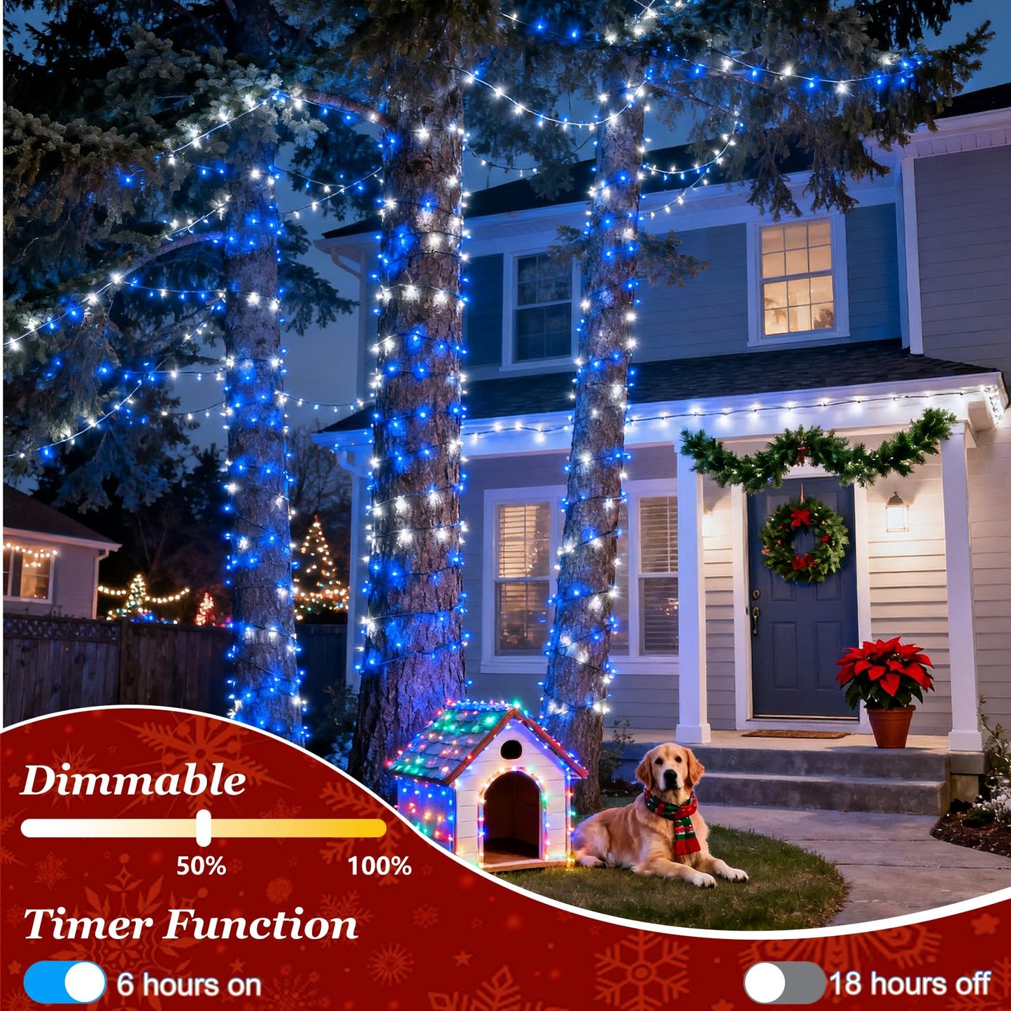 300 LED Blue White Birthday Party Decorations Ocean Party Decor String Lights with 12 Modes Timer Dimmable, Green Wire Connectable Christmas Tree Lights, 75FT Fairy Lights for Bedroom, Outside, Xmas