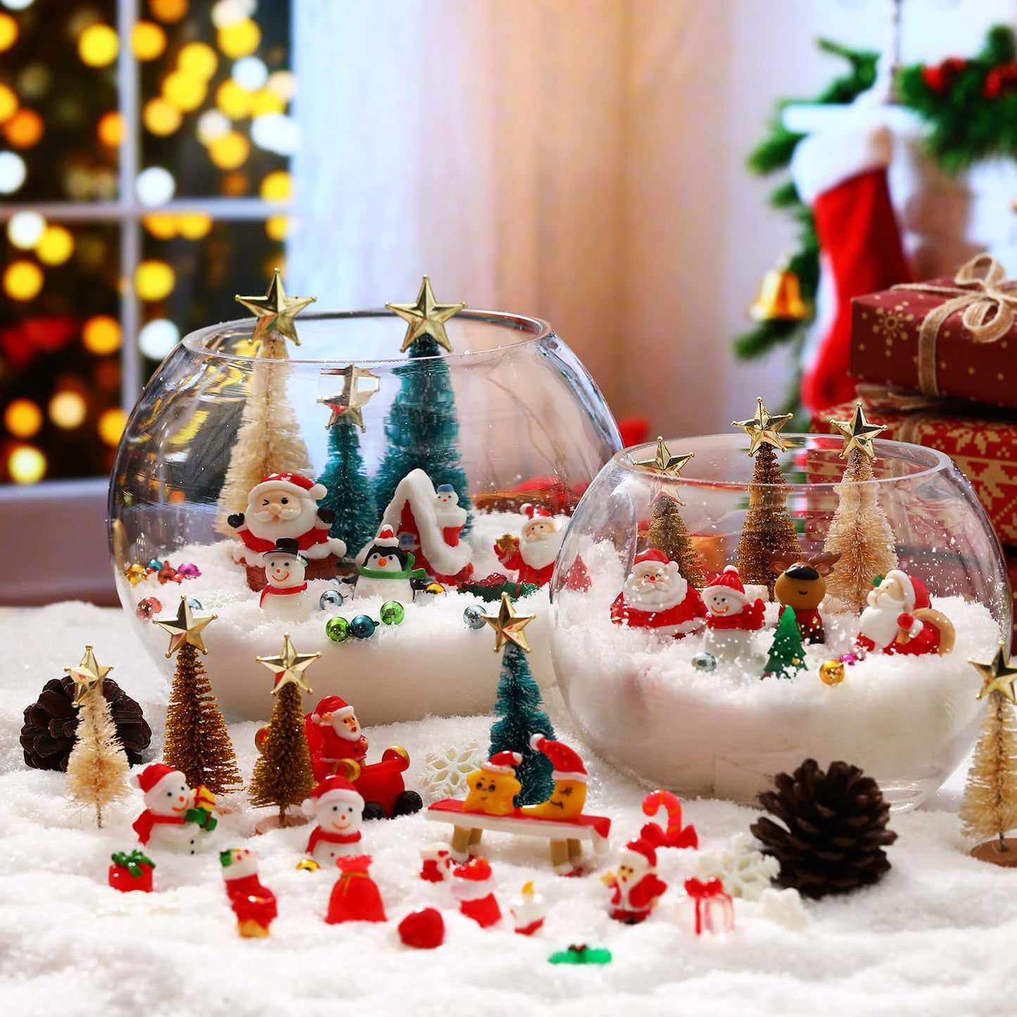 Roowest 96 Pcs Miniature Ornaments for Snow Globe Kit DIY Christmas Village Decoration Christmas Figurines Mini Ornaments with Snowman Reindeer Santa Claus Snowflake(Beige Teal Gold)