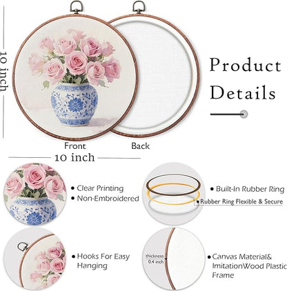 Threegoat Chinoiserie Spring Floral Framed Round Wall Art,Blue and White Hydrangea Flowers Wall Art Decor for Bedroom,Vintage Wall Hanging Decor for Grand Millenial Grandmillennial Home - A03