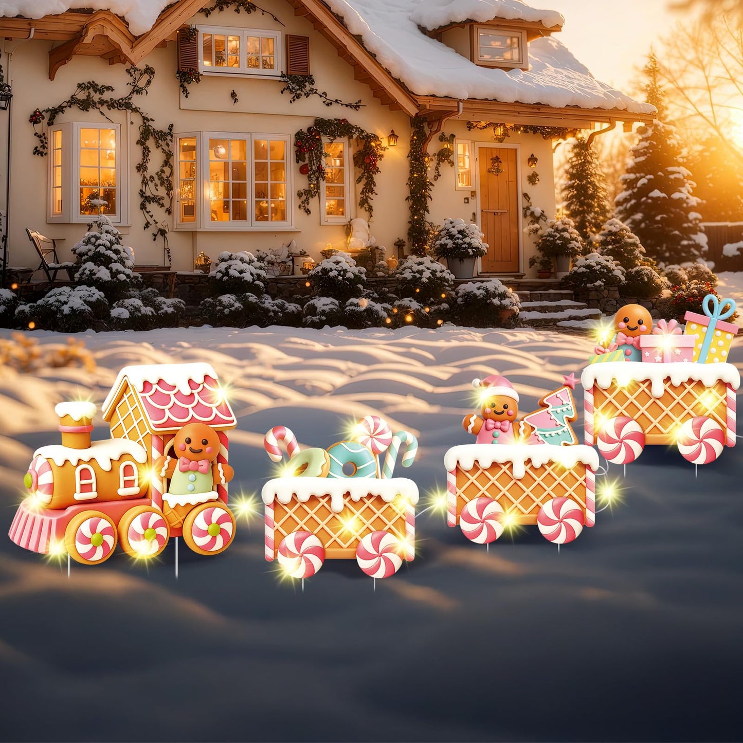Marsui 4 Pcs Christmas Train Decoration Yard Sign with 4 LED Light Lawn Sign Christmas Pink Gingerbread Candy Gift Box Train Set with 8 Stake for Xmas Garden Outdoor Holiday Party Decor
