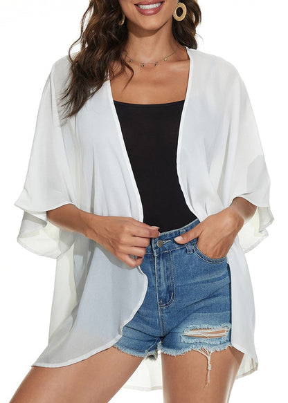 Women Summer Tops Kimono Cardigans Sheer Beach Cover Ups Chiffon Open Front Shirts （White,L)
