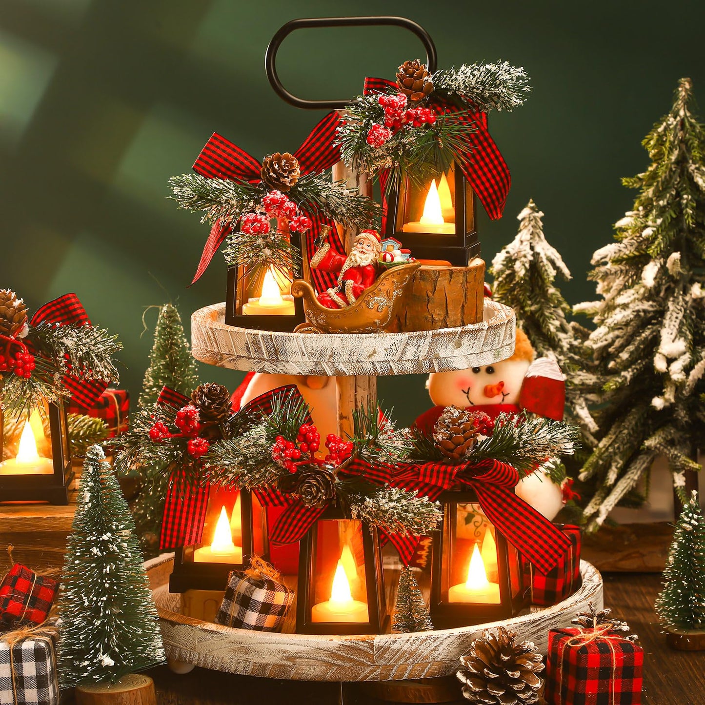 Set of 6 Christmas Mini Decorative Lanterns with Flickering LED Flameless Candle Hanging Lantern Decoration Bulk with Buffalo Plaid Bow Battery Included for Xmas Party (Red Plaid Bow)