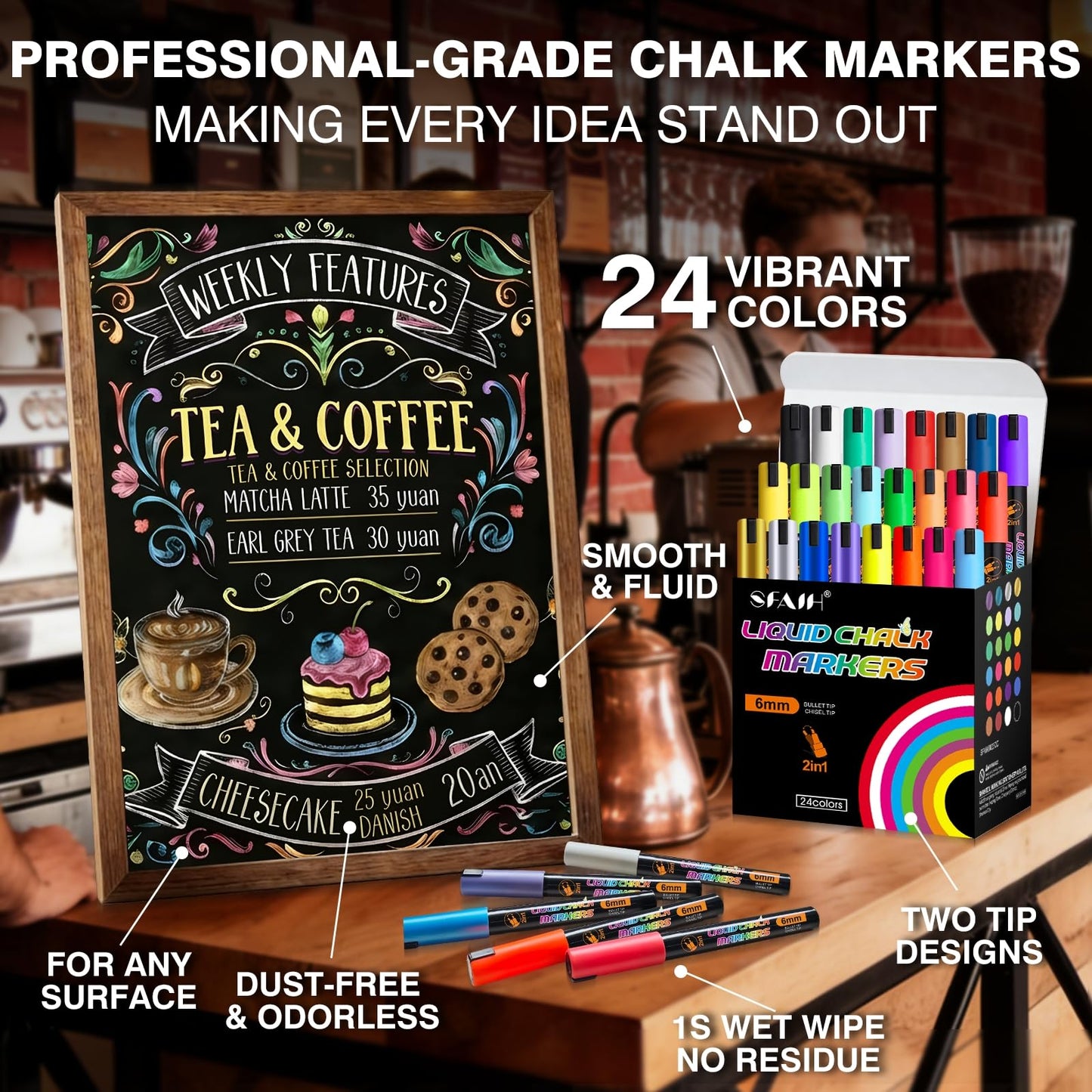 SFAIH 24 Vibrant Chalk Markers for Blackboard [1s Wet Wipe] - No Residue, 6mm Chalk Markers for Chalkboard Calendar, Glass, Window, Menus, Labels, Signs, Car, Non-Toxic, Ideal for Bistro Home