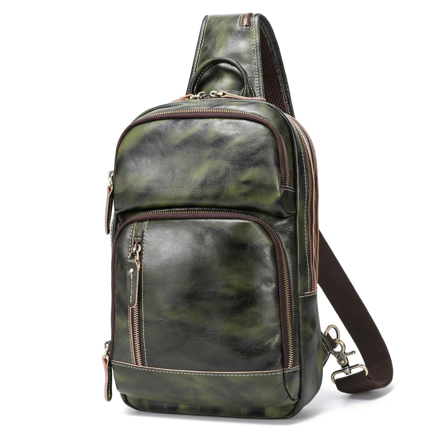 LANNSYNE Vegetable Tanned Leather Sling Bag For Men, Crossbody Chest Daypack fits 12.9" iPad
