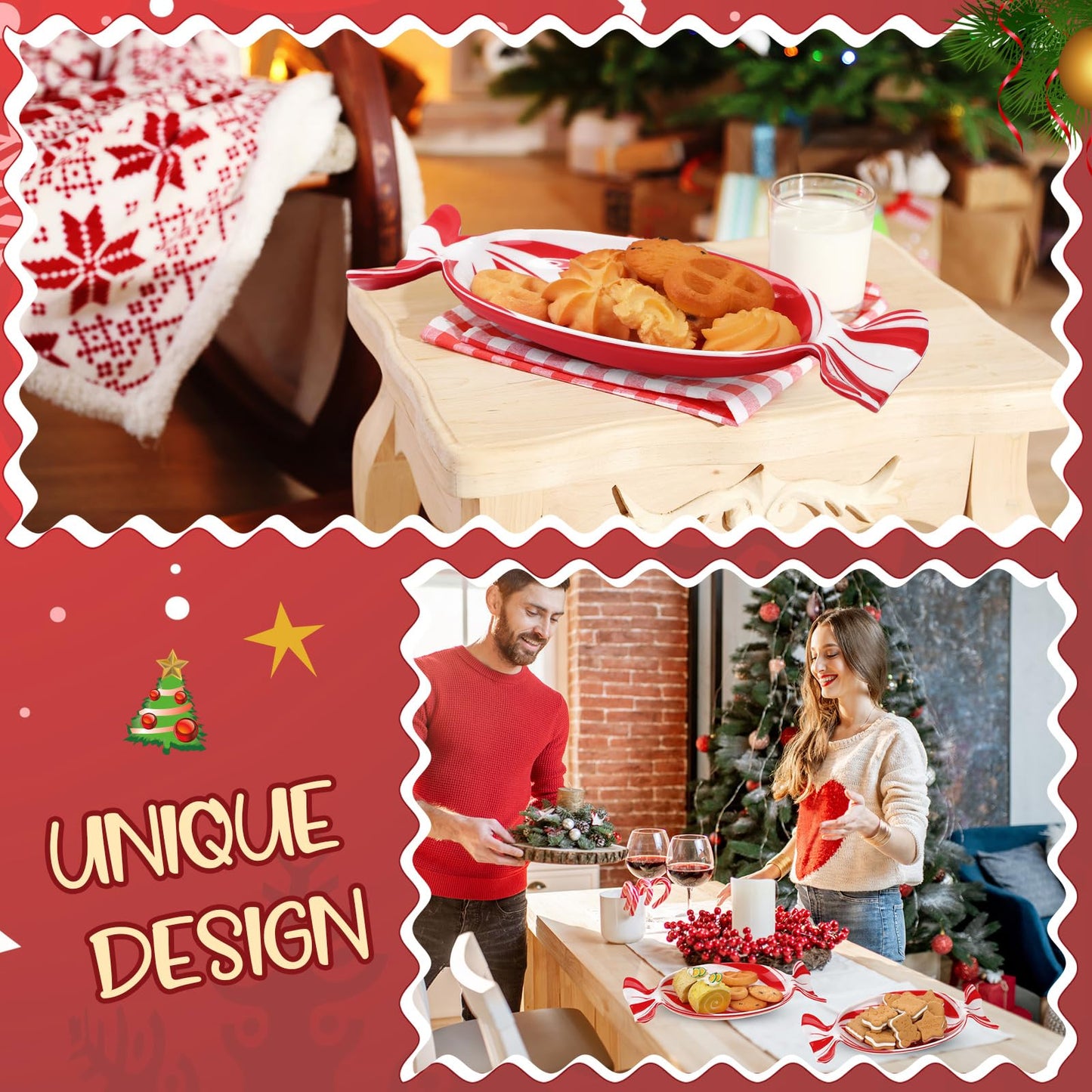 Teenyyou 2 Pcs Christmas Candy Dish Melamine Christmas Serving Tray Fruit Dessert Cookie Plates for Xmas Holiday Party Favor Dishwasher Safe