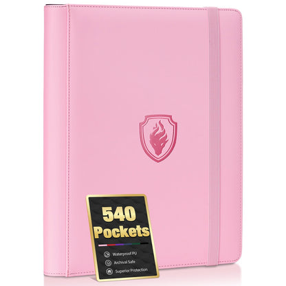 Premium 9 Pocket Card Binder for 540 Cards, Fabmaker PU Cover Trading Card Binder, Sturdy Card Collection Album, Sleek Card Holder Folders for Game Cards & Sports Cards, Pink