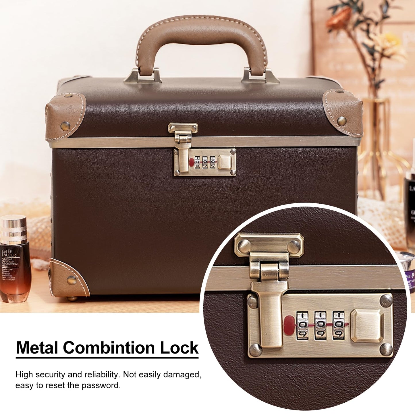 urecity Retro Vintage Makeup Train Case, Brown Artificial Leather, Professional Cosmetic Organizer with Combination Lock, Striped Interior