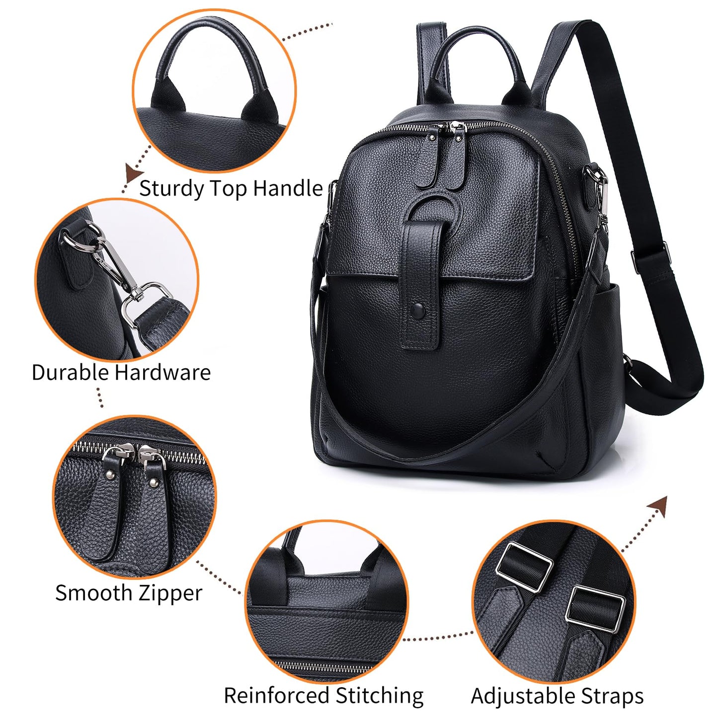 Wesccimo Genuine Leather Backpack Purse For Women Black Real Soft Leather Travel Convertible Ladies Shoulder Bag