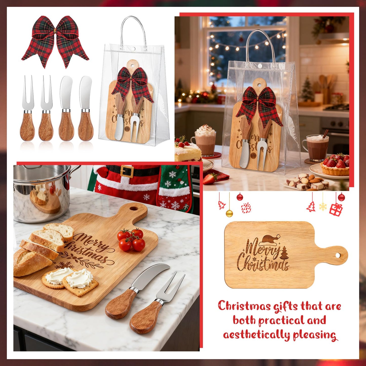 12 Set Merry Christmas Wood Cutting Board Bulk Christmas Kitchen Gift Set Xmas Tree Kitchen Charcuterie Board Serving Platter Tray for Winter Home Party Gift Decor