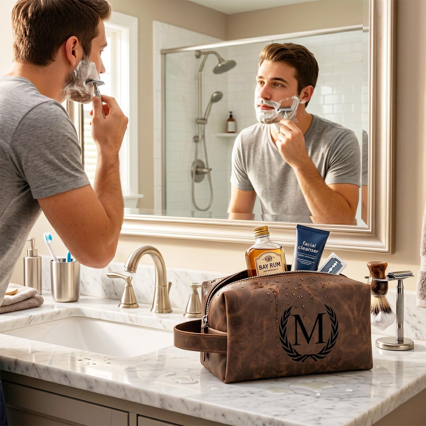 XUMGCUTM Personalized Gifts for Men Dad Husband Groomsmen,Mens Leather Toiletry Travel Bag,Engraved Initial Waterproof Shaving Bags,Birthday Christmas Gift for Men(J, Dark Brown)