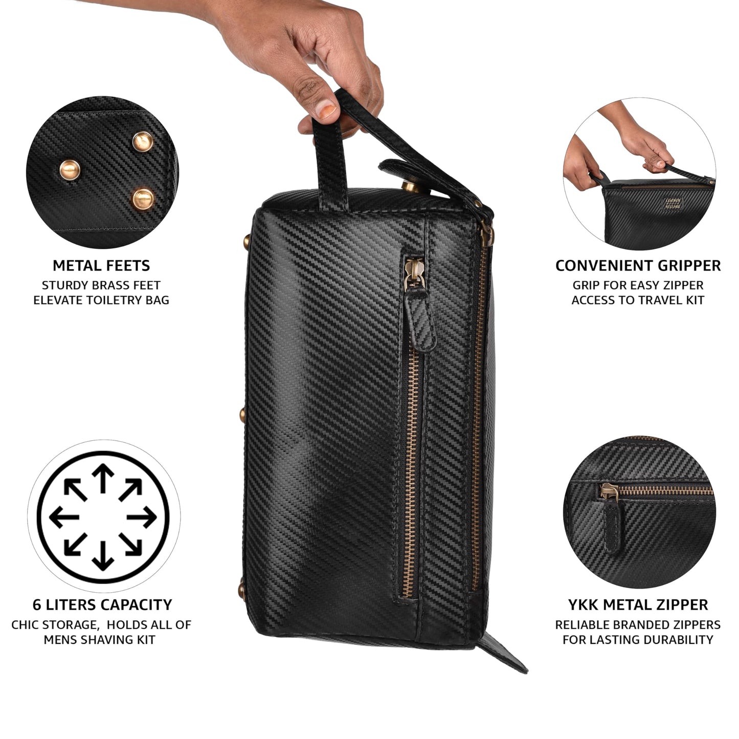 LEATHER VILLAGE Genuine Carbon Fiber Genuine Leather Travel Toiletry Bag - Large Dopp Kit, Water-Resistance Bathroom & Shaving Organizer for Men & Women - Black